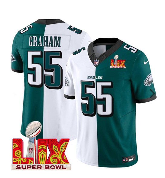 Men's White/Green Philadelphia Eagles #55 Brandon Graham Split 2025 Super Bowl LIX Patch F.U.S.E. Vapor Untouchable Limited Stitched Football Jersey
